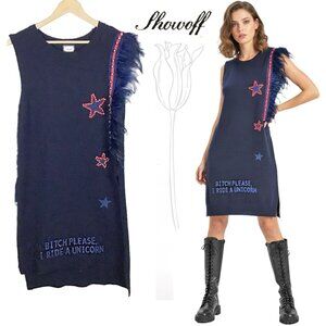SHOWOFF Navy Blue Knit Embellished Graphic Sleeveless Dress